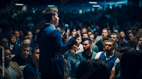 Man speaking into microphone in front of large crowd of people.