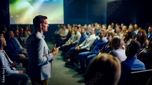 Man standing in front of crowd in front of projector screen.