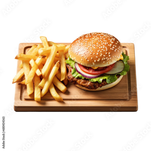 Burger with French fries on a wooden board on transparent background