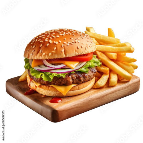 Burger with French fries on a wooden board on  transparent background