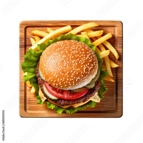 Burger with French fries on a wooden board on  transparent background