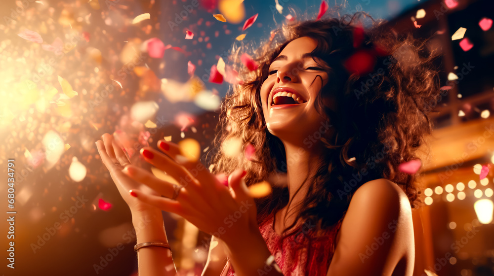 Woman with her hands in the air and confetti falling around her.