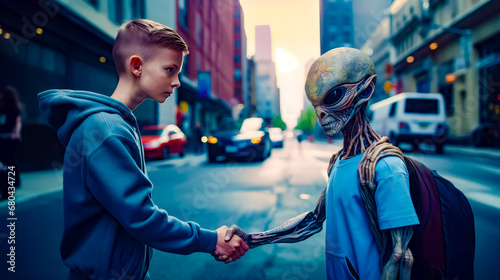 Young boy shaking hands with alien man on the street in city.