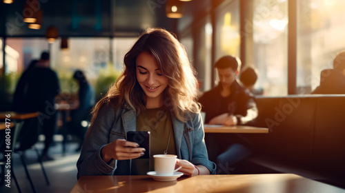 Woman sitting at table with cup of coffee looking at her cell phone. photo