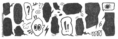 Hand drawn dialogue box sticker set. Speech bubbles icon with squiggle texture. Crosshatch pencil drawn doodle style vector illustration.