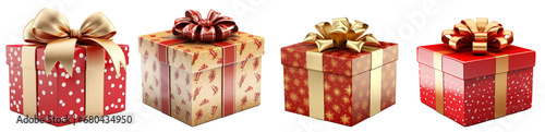 Set of single Christmas gift boxes isolated on transparetn background. frontal and isometric view photo