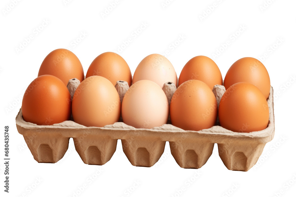 Fresh eggs in packaging on transparent background