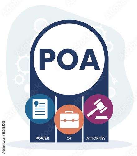 POA, Power of Attorney. Concept with keywords and icons. Flat vector illustration. Isolated on white background.