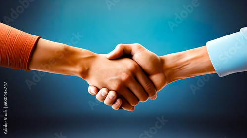 Close up of two people shaking hands over blue background with blue background behind them.
