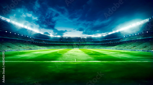 Large soccer stadium with green field and cloudy sky at night.