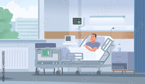 Sick man lies in bed in a ward in a hospital. Hospitalization of the patient