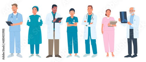 Set of male and female doctors and nurses characters on isolated background. Medical staff photo