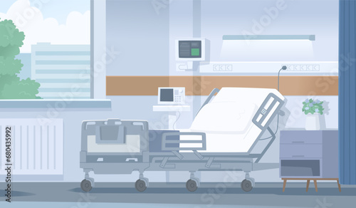 Interior of an empty hospital room with a bed and medical equipment. Vector illustration
