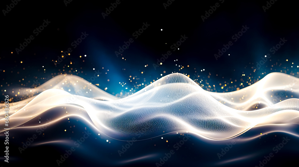 Blue and white abstract background with wave of light coming out of it.