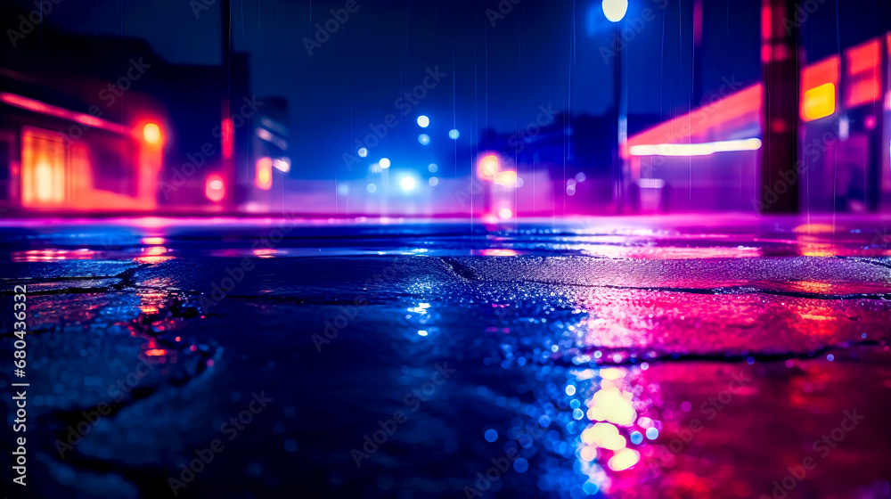 City street at night with street lights reflecting off of the wet pavement.