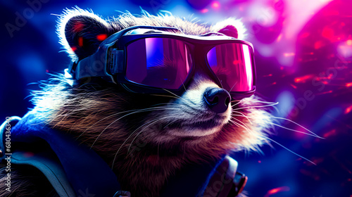 Raccoon wearing goggles and pair of headphones on. © Констянтин Батыльчук