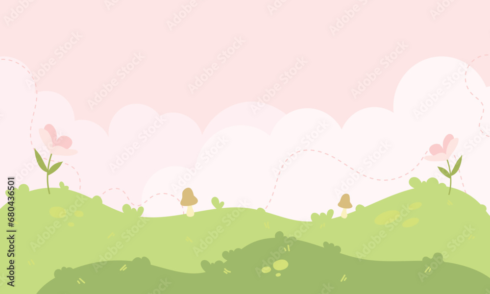 Kawaii Cute Cartoon Landscape Background with grass, flowers and sky