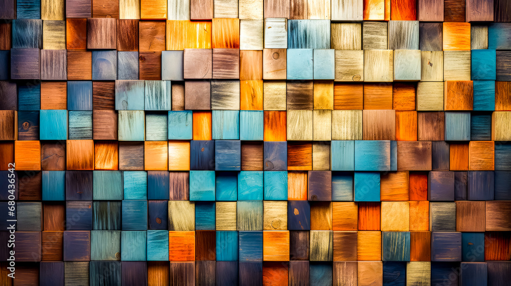 Wall made up of wooden blocks with different shades of brown and blue. Wall made up of wooden blocks with different shades of brown and blue.
