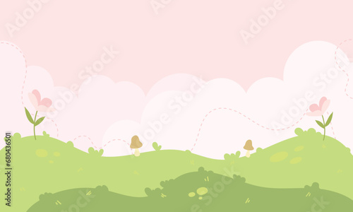 Kawaii Cute Cartoon Landscape Background with grass  flowers and sky