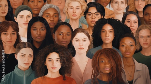 A vibrant illustration showcasing a diverse group of women from various cultural and ethnic backgrounds standing together in solidarity, symbolizing female empowerment and unity across differences. photo
