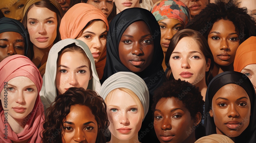 A vibrant illustration showcasing a diverse group of women from various cultural and ethnic backgrounds standing together in solidarity, symbolizing female empowerment and unity across differences.