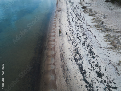 A girl with a husky dog ​​walks on the beach at sunset in the fall, photo from a drone. photo