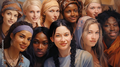 A vibrant illustration showcasing a diverse group of women from various cultural and ethnic backgrounds standing together in solidarity  symbolizing female empowerment and unity across differences.