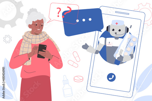 Elderly woman uses smartphone for edical consulting. Artificial intelligence robot advises patient and answer questions. Healthcare virtual assistants. Medical chat-bot concept.