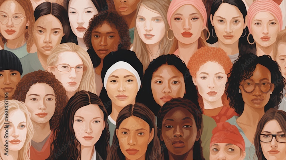 A vibrant illustration showcasing a diverse group of women from various cultural and ethnic backgrounds standing together in solidarity, symbolizing female empowerment and unity across differences.