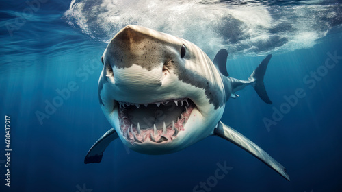Great white shark in the water with its mouth open with teeth © daniiD