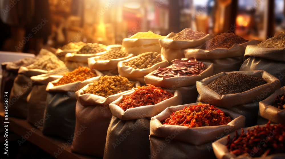 Fototapeta premium the oriental spices in the bazaar market, packed in bags