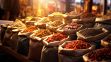 the oriental spices in the bazaar market, packed in bags