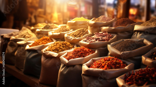 the oriental spices in the bazaar market, packed in bags