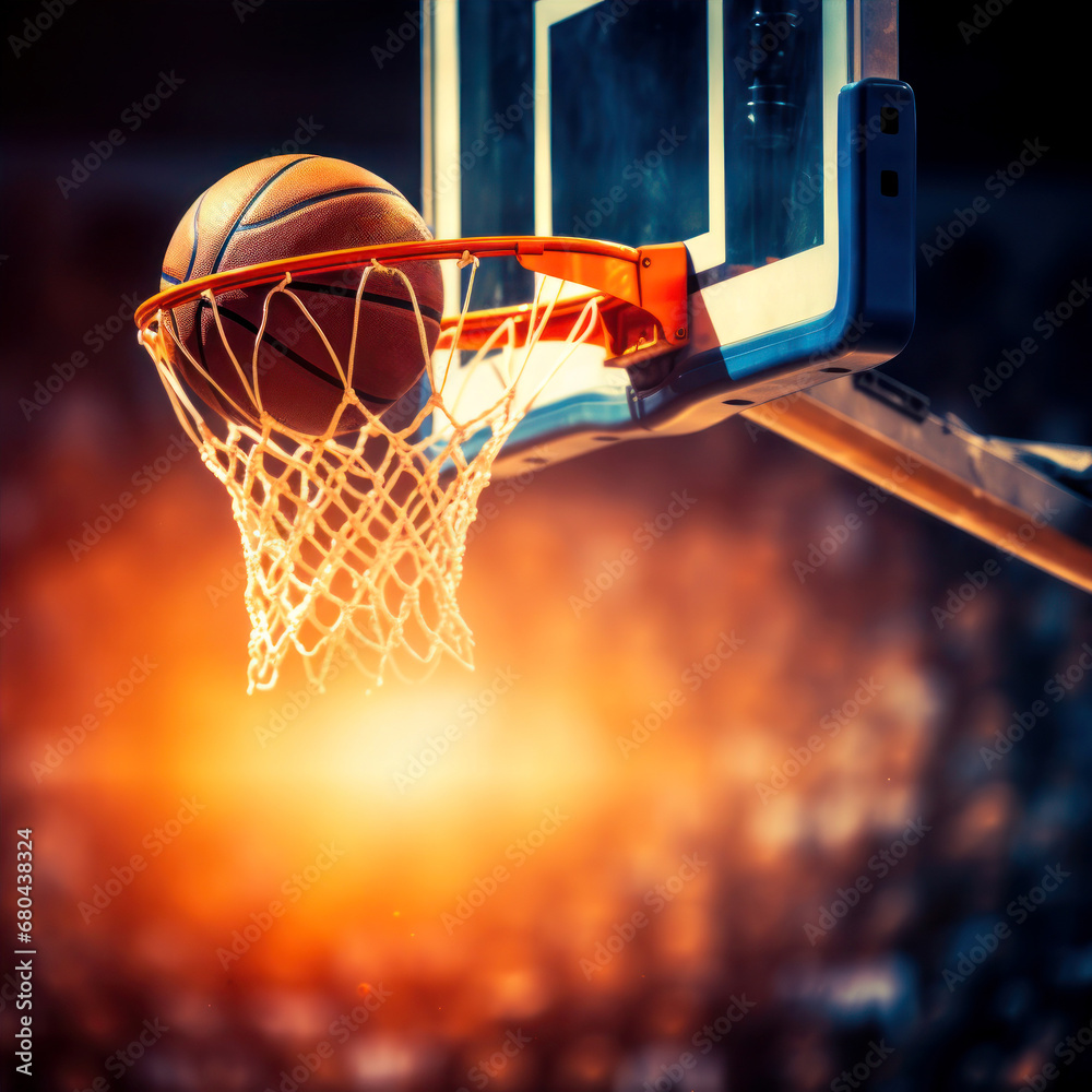 A basket ball flies into the basket against the background of a basketball arena, the theme of a basketball game, a competition.