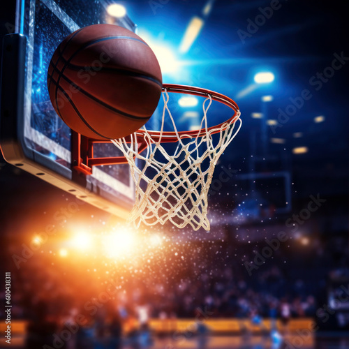 A basket ball flies into the basket against the background of a basketball arena, the theme of a basketball game, a competition.