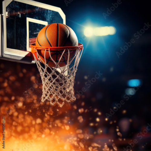 A basket ball flies into the basket against the background of a basketball arena, the theme of a basketball game, a competition. © daniiD