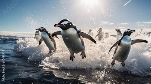 a group of penguins jumping into the sea, Paulet Island in Antarctica. generative ai