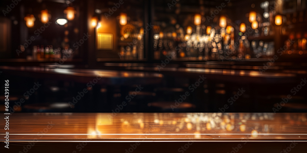 Wooden tabletop with defocused room background, Empty wooden table. Cozy corner. Background bokeh in vintage cafe. Blurred ambiance. Coffee shop dreams, generative AI
