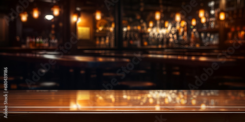 Wooden tabletop with defocused room background  Empty wooden table. Cozy corner. Background bokeh in vintage cafe. Blurred ambiance. Coffee shop dreams  generative AI 