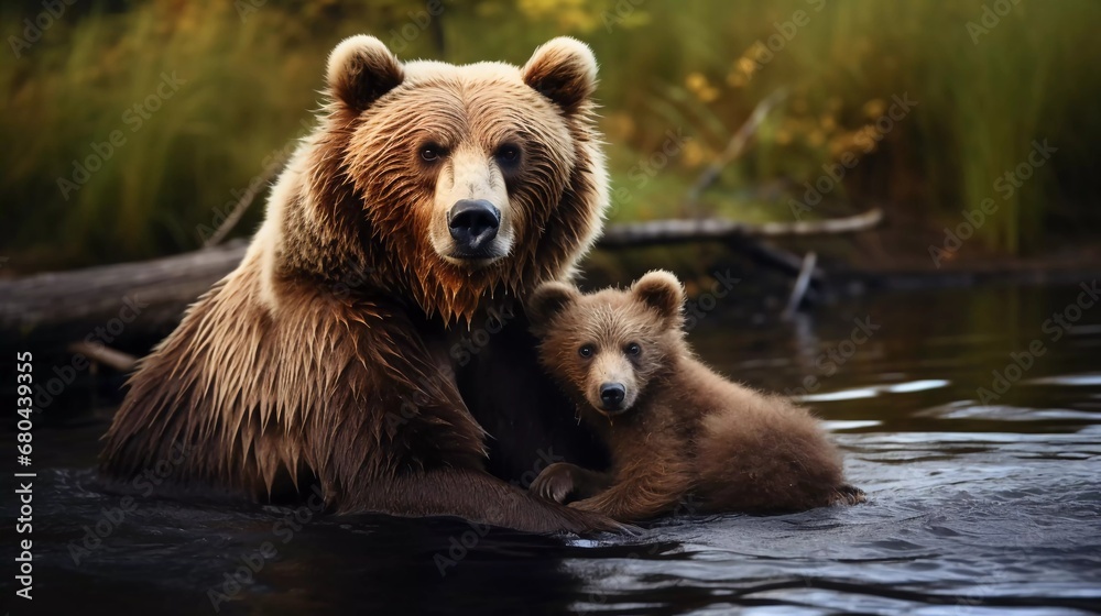 close-up photo of a wild brown bear relaxing with a bear cub. generative ai