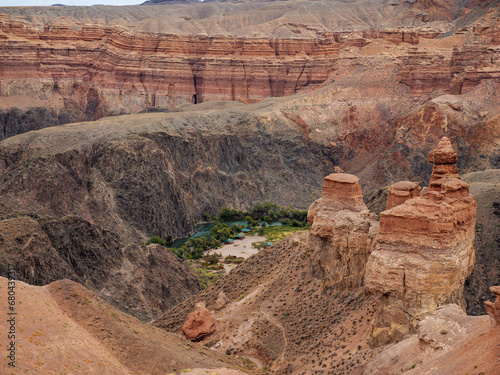 Charyn Canyon National Park. An area called the Valley of Castles. Red rock formations formed as a result of erosion over millions of years. A small replica of the US Grand Canyon.