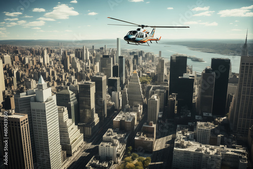 A helicopter flies over a large city. Side view.