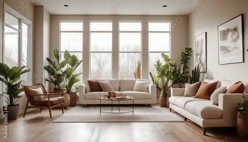 Large open living room with a white couch and brown chairs surrounded by plants and natural light near a window.