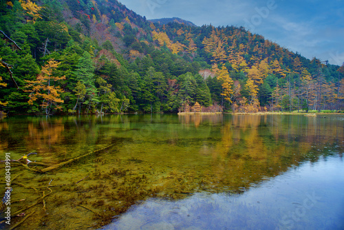 Idyllic landscape of Myojin pond at Hotaka Rear shrine in Kamikochi, Nagano, Japan (Japanese language meaning "Myojin Pond")