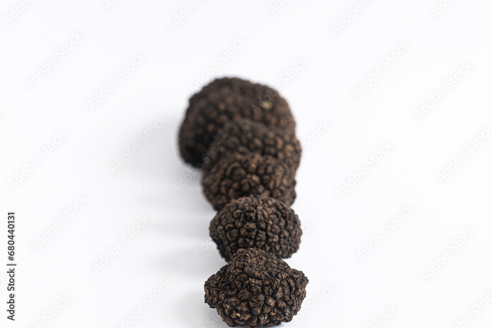 Fresh Black Truffles in a Row on a White Background Fresh Black Truffles in a Row on a White Background