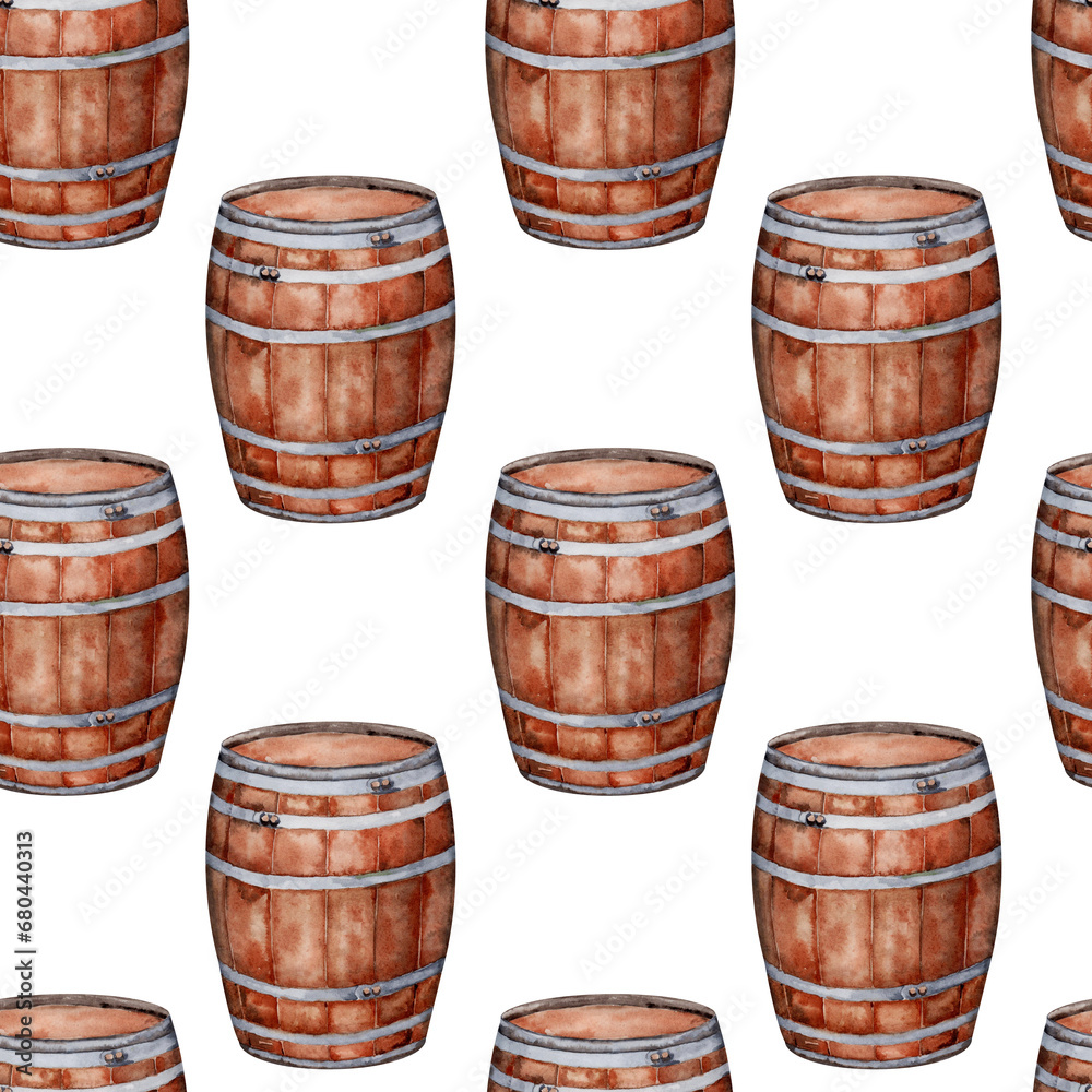 Seamless pattern with wooden wine or whiskey barrels. Wine cask design element. Hand drawn watercolor illustration isolated on transparent background. Card, printing, textile, fabric, wrapping paper.