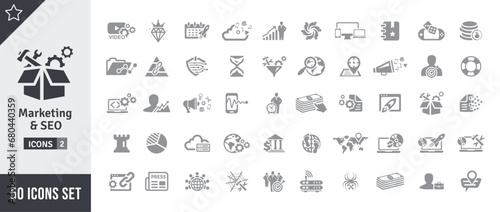 Marketing & SEO Icon Set. Search Engine Optimization, Advertising, Website, Business, Marketing, Traffic, Ranking, Optimization, Keyword & Many More. Gray Vector Icons Collection
