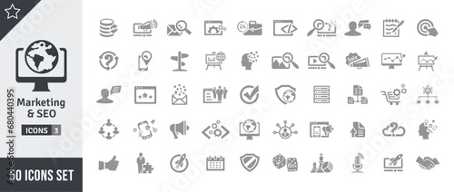 Marketing & SEO Icon Set. Search Engine Optimization, Advertising, Website, Business, Marketing, Traffic, Ranking, Optimization, Keyword & Many More. Gray Vector Icons Collection 