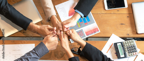 Teamwork Solidarity Success. Close up hands executive business people group team happy showing teamwork and joining hands after meeting partner business in office. Business Concept, banner for text