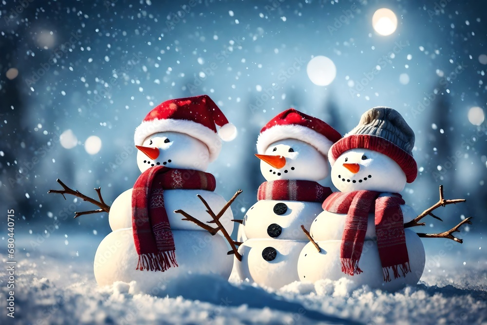 Christmas banner with snowman. New year greeting . Two snowman holding hands outdoors